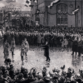 Obraz Powitanie wojsk polskich przed Dworcem Miasto w Toruniu